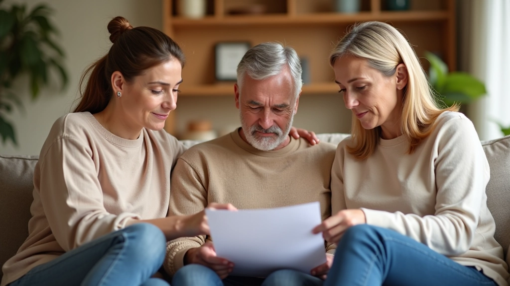 Family of three sitting together on a sofa looking at a calendar and planning document together, natural home setting with comfortable furniture