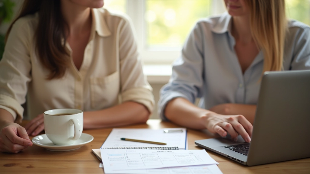 Family planning calendar and notebook on a kitchen table with tea and a laptop, organized workspace showing weekly schedule