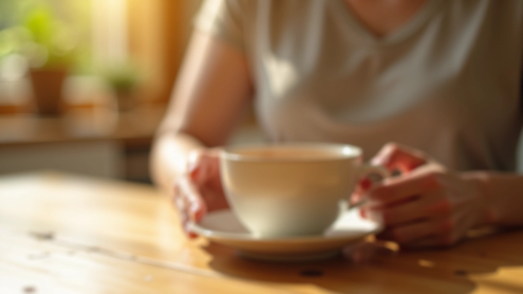 Close-up of hands holding a warm cup of tea on a wooden table, morning sunlight streaming through a window, peaceful kitchen atmosphere