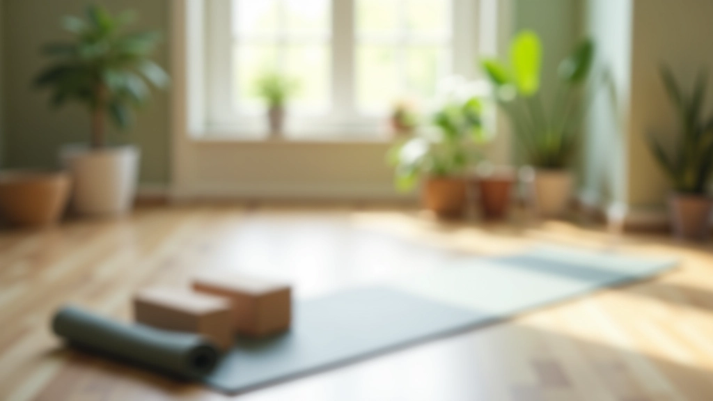 Peaceful home yoga space with a rolled yoga mat, blocks, and props arranged neatly on wooden flooring near a window with soft natural light