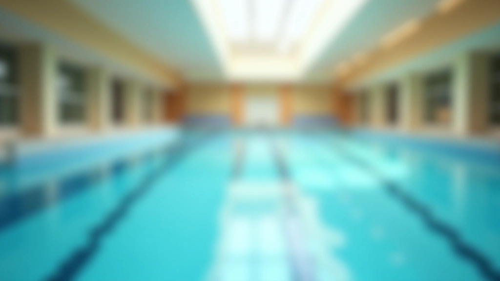 Peaceful indoor swimming pool with lane dividers, soft natural light from overhead skylights, calm water surface reflecting light