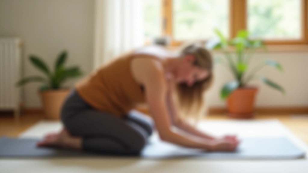 Person in a gentle forward fold stretch with relaxed shoulders and proper spinal alignment on a yoga mat