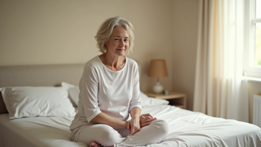 Morning light streaming into a bedroom with someone sitting on the edge of a bed, about to start their day with a calm expression, natural bedroom setting