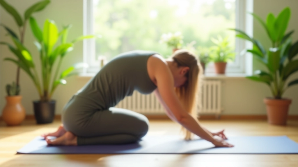 Woman in yoga pose on a mat in a bright, peaceful home studio with plants and natural light streaming through windows