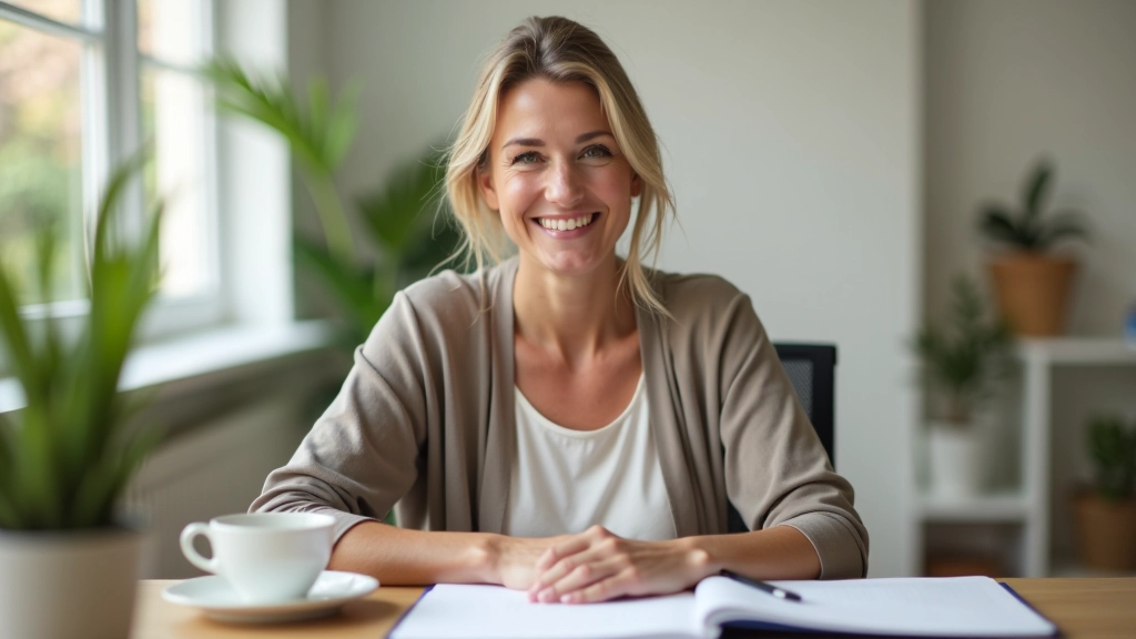 Adult woman aged 45 sitting at a desk with a planner, coffee cup, and laptop in a bright, organized home office space
