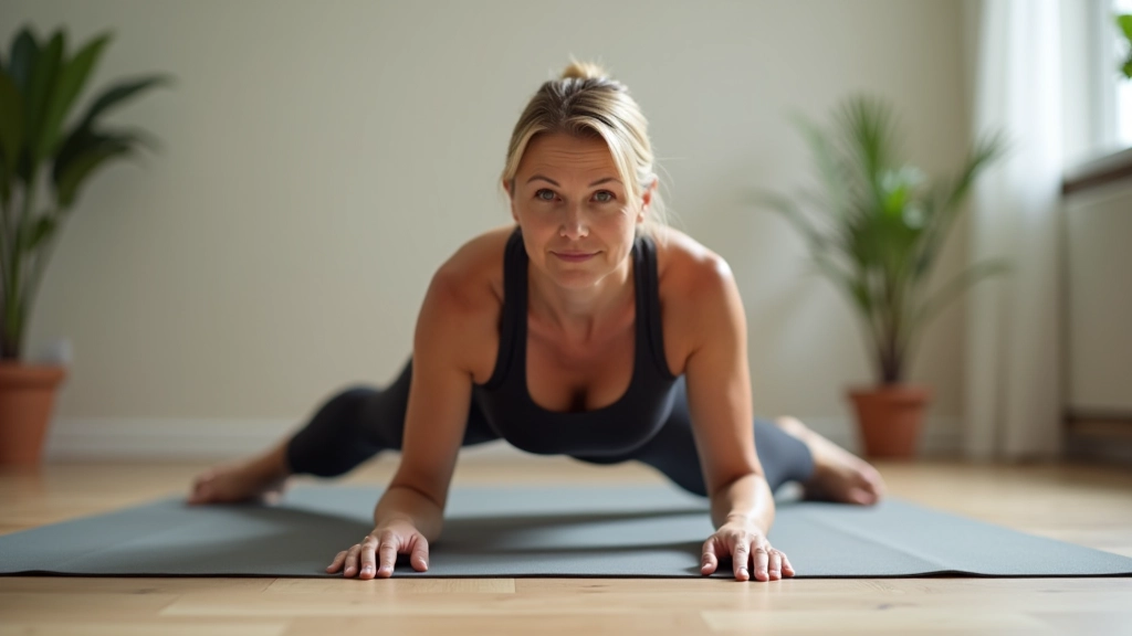 Mature woman performing a modified plank pose on a yoga mat with proper alignment and engaged core muscles