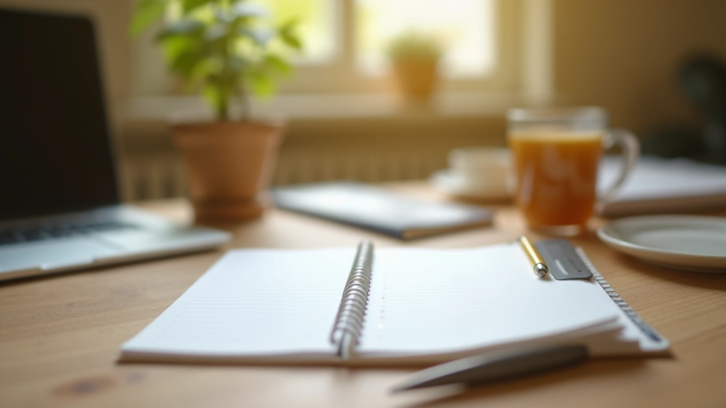 Close-up of a planning notebook with a pen, tea cup, and calendar on a wooden desk showing weekly schedule organization